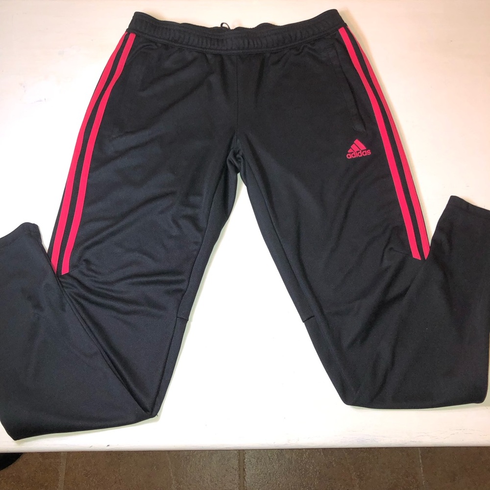 Women’s Black Track Pants with Red 3 Stripe, Medium, pre-owned, see all photos.